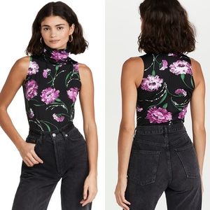 Rodarte Black Floral Printed Stretch Turtleneck Bodysuit